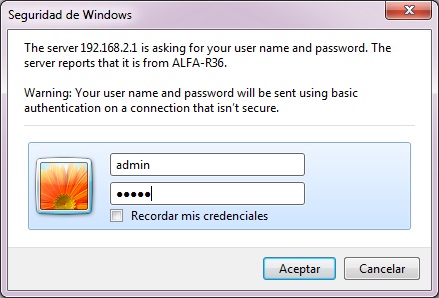 Nos registramos, con los datos de acceso aparece en el ALFA R36: admin , admin 