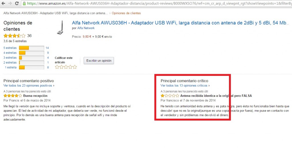 Opiniones AMAZON AWUS036H falsificada