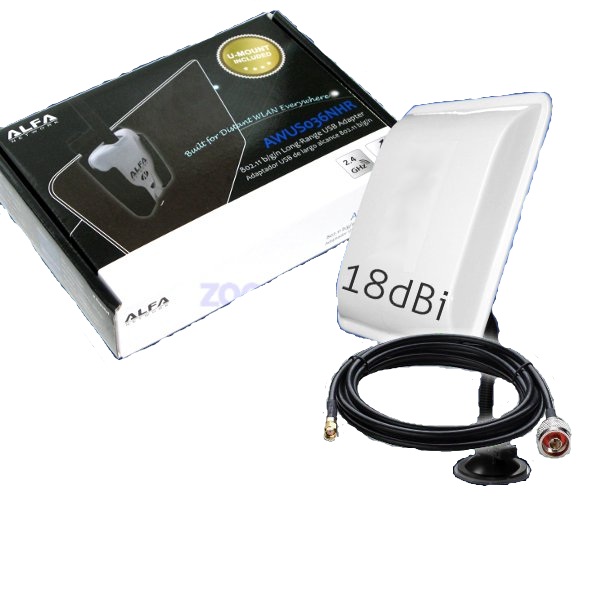 ALFA AWUS036NHR USB 2000Mw con antena Panel WiFi 18dBi soporte y cable pigtail incluido