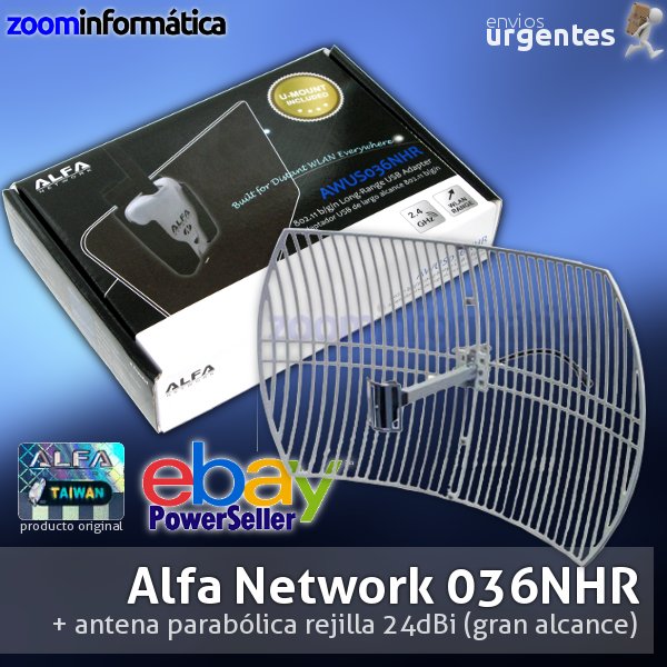 ALFA AWUS036NHR USB con antena WiFi parabolica rejilla 24dbi