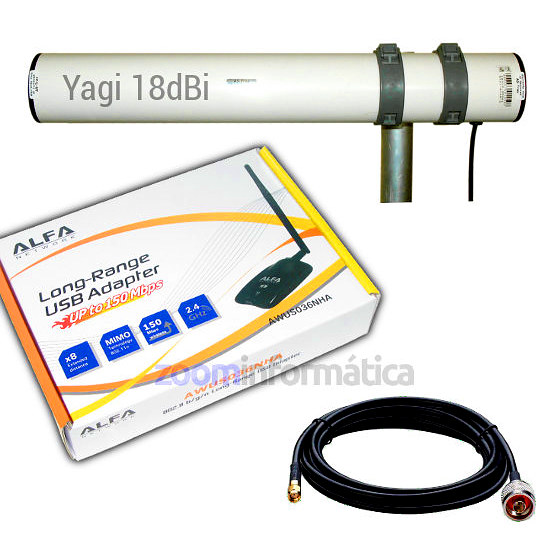 ALFA AWUS036NHA USB Atheros con antena Yagi WiFi 18dBi cable pigtail incluido